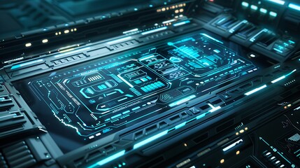 A perspective view of a detailed, futuristic digital interface with glowing data and interactive elements, set against a digital abstract background symbolizing innovation.

