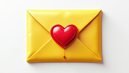 Vibrant Yellow Envelope with Red Heart Balloon on White: A Perfect Valentine's Day Card Idea. A yellow envelope with a red heart attached to it.