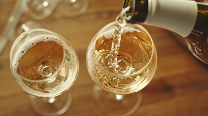 Two glasses of white wine poured elegantly, capturing simplicity and refined taste.