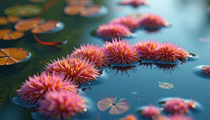 A Tranquil Pond with Vibrant Pink Water Lilies Against Clear Blue Water. A close up of water lilies floating in a pond.