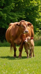 Mother cow and calf share affectionate moment in lush green pasture