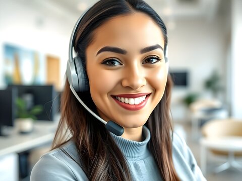 Cara de mujer asistente confiada con auriculares. moderno fondo de centro de servicio