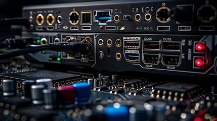Obraz premium Detailed view of the back panel of a powerful workstation computer, highlighting its array of display outputs, USB ports, and networking connections.