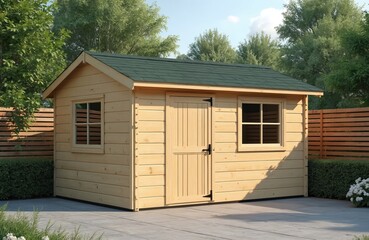 Backyard garden shed made of wood with green roof. Small house has door, windows. Timber shed is next to fence. Gardening tool storage, outdoor workspace.