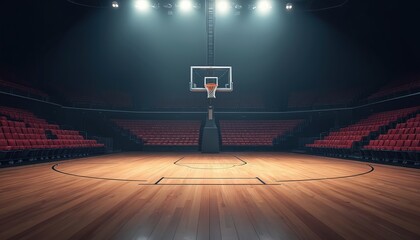 Empty basketball arena with red seats, wooden court under bright spotlights. Absence of people spacious indoor stadium. Ideal venue ready for throw competition, physical activity, sport games.