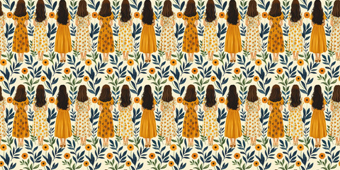 Obraz premium Back view of women in floral and polka dot dresses on sunflower patterned background