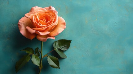 Single peach rose on teal background