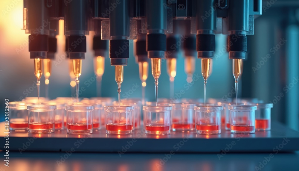 Poster automated robotic system dispensing red liquid into vials. biomedical illustration of innovative tre