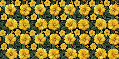 Vibrant yellow hibiscus flowers with green leaves on black background
