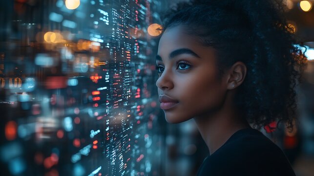 Woman reviewing data, city night