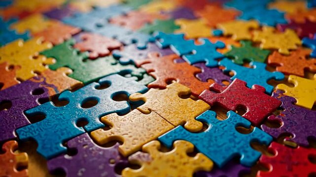 Video footage of colorful assortment of interlocking jigsaw puzzle pieces in various shapes and vibrant colors, creating a visually engaging and intricate pattern