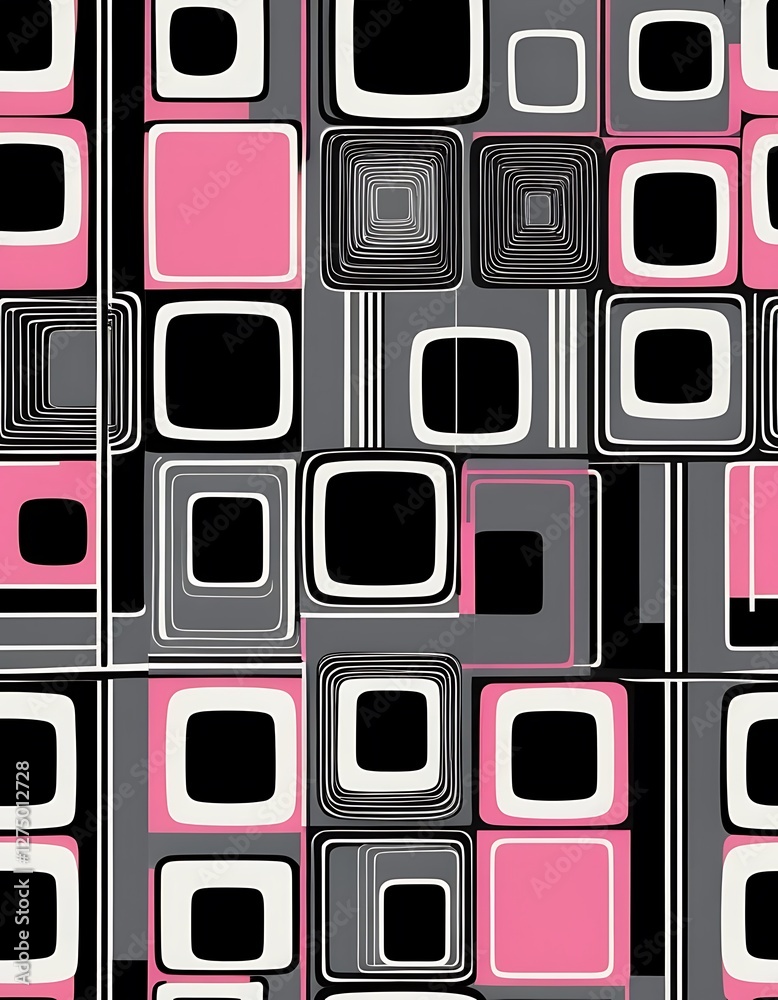 Poster retro geometric abstraction with rounded squares and parallel stripes
