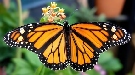 Naklejka premium A vibrant Monarch butterfly with striking orange and black wings perched on a flower amidst lush greenery.