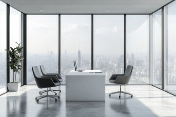 Obraz na płótnie Canvas Modern office, city view, meeting, workspace, concrete floor, panoramic windows, executive, presentation