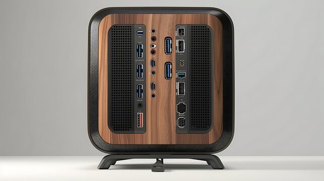 Rear view of a computer with a detailed back panel showing the connections for USB devices, network cables, and power input, perfect for a tech-focused project.

