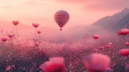 Obraz premium 5.Ethereal setting of pink fog rolling through a valley of enormous flowers, with giant poppies swaying gently in a faint breeze. A decorative hot air balloon drifts serenely in the distance,