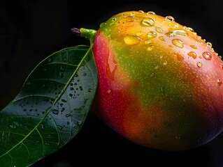 Close-up of Smooth, Glossy Mango Fruit with Dew-Covered Leaf on Dark Background