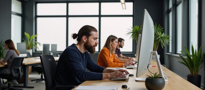 Colleagues work together at computers in a modern workspace hipster programmer writes code