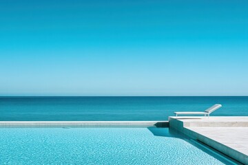 Modern poolside deck, ocean view, sunny day, relaxation