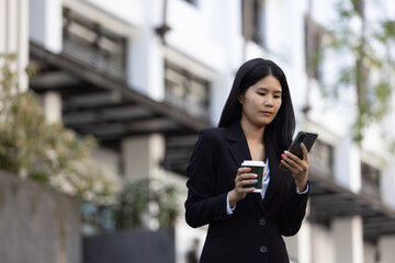 Future remote work combines technology smart phone digital business woman enable e-learning...