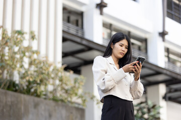 Future remote work combines technology smart phone connection online white digital business woman...