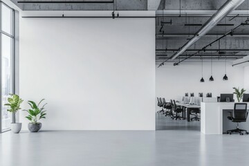 Naklejka na ściany i meble Modern office, blank wall, city view, workspace, presentation