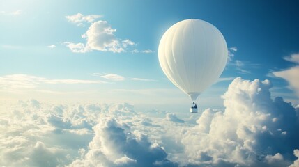 Fototapeta premium 30.Elegant image of a giant inflatable white helium balloon in flight, its flawless surface reflecting sunlight as it drifts amidst a backdrop of clouds and blue sky.
