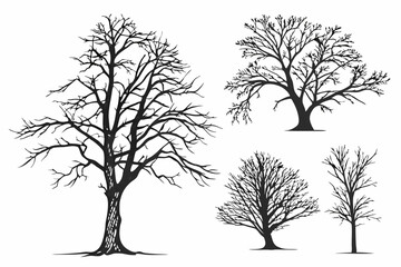 set of bare tree silhouette vector illustration