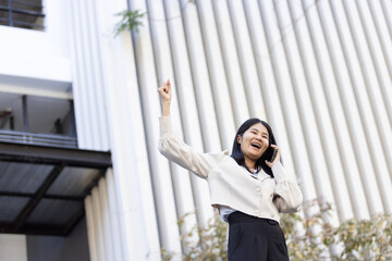 Future remote work combines technology smart phone connection online white digital business woman...