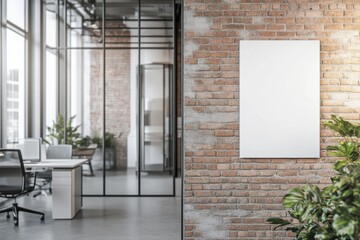 Blank poster on brick wall, modern office background
