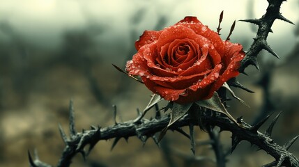 Dramatic Rose with Thorns, Misty Landscape Background, Art, Stock Photo