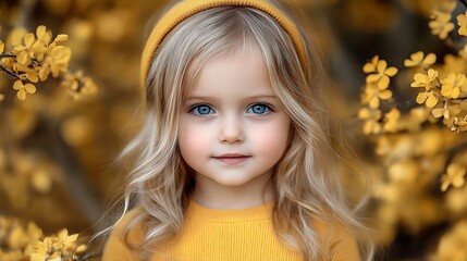 Fototapeta premium Girl, yellow flowers, spring portrait, nature