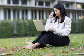 Future remote work combines technology smart phone connection online white digital business woman...