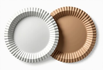 Disposable Tableware Set for Food Service: Paper Plates, Plastic Container, Pleated Edge, Clean Photography on White, Kraft Brown & White Colors - Commercial Product Image.

