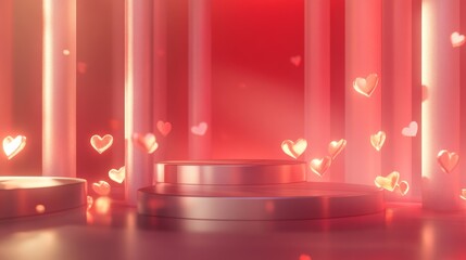 52.Symmetrical display of podiums with clean lines, set within a romantic Valentineâ€™s Day scene of floating hearts, glowing light accents, and a soft red gradient background.