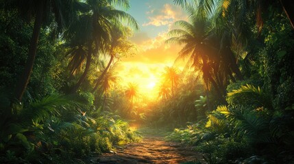 Tropical Jungle Path at Sunrise, Lush Vegetation, Sunlight, Peaceful Setting, Nature Scene