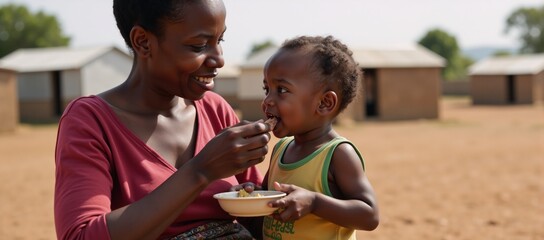Video animation depicting a black African mother caring for her malnourished child within a refugee camp showcasing both maternal love and resilience against hardship