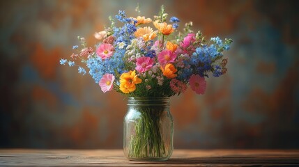 Colorful Wildflower Bouquet in Mason Jar, Rustic Background, Still Life, for Floral Design, Home Decor