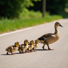 Mother Duck leads her seven ducklings across a busy road