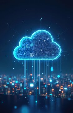 Illustration of futuristic cloud computing concept with glowing data connections on dark blue background. Cloud built from circuit micro schemes, microchips. Innovative tech solutions, digital