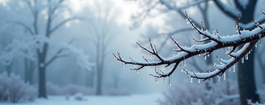 Frozen crystals of ice cling tightly to bare tree branches in frosty morning mist, gray sky, forest landscape, winter branch