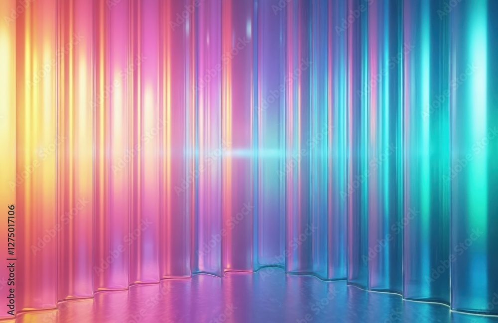 Poster holographic background illustration of reeded glass. ribbed geometric pattern with neon and light ef