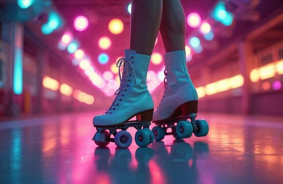 Nostalgic roller skating in retro 1980s rink with disco lights, funky fashion vibes. Rollerblade boots, disco illumination, rollers on skating surface. Funky sport entertainment, party mood,