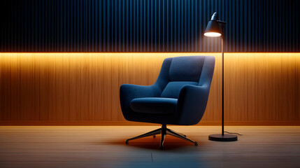 An elegant blue armchair and sleek lamp create a cozy, modern corner in a stylish, illuminated room, perfect for relaxation.