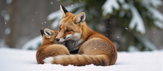 Mother and baby fox cuddle in winters embrace capturing their tender bond