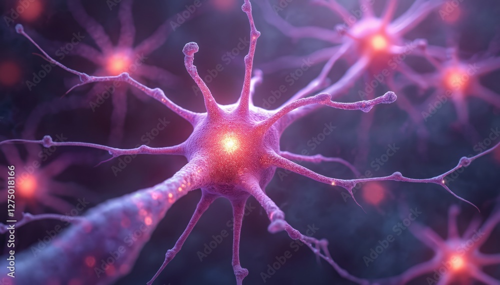 Poster Neuron cells send electrical signals in brain for neural activities. Network communication in human brain, glowing synapses connection. Medical illustration of neurology, neuroscience, biological