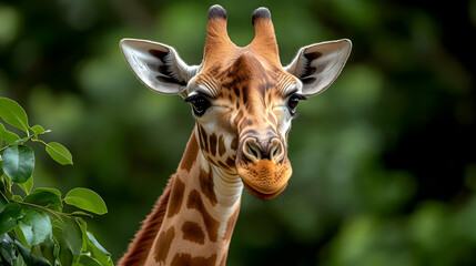 Obraz premium A close-up of a giraffe showcasing its unique features and beautiful patterns against a blurred green background.