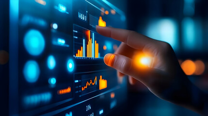 Obraz premium A close-up of a hand interacting with a glowing digital interface, showcasing data and analytics for modern technology.