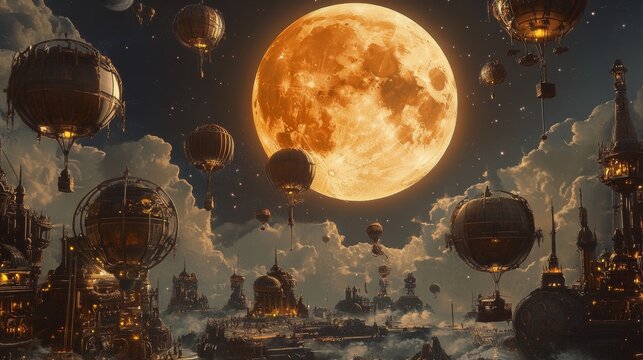 93.Dreamlike scene of a vast celestial sky illuminated by a massive orange supermoon, surrounded by antique hot air balloons and steam-powered flying contraptions with elaborate brass details.