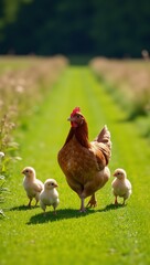 Fototapeta premium Mother Hen leads chicks through green pasture in showcase of maternal love